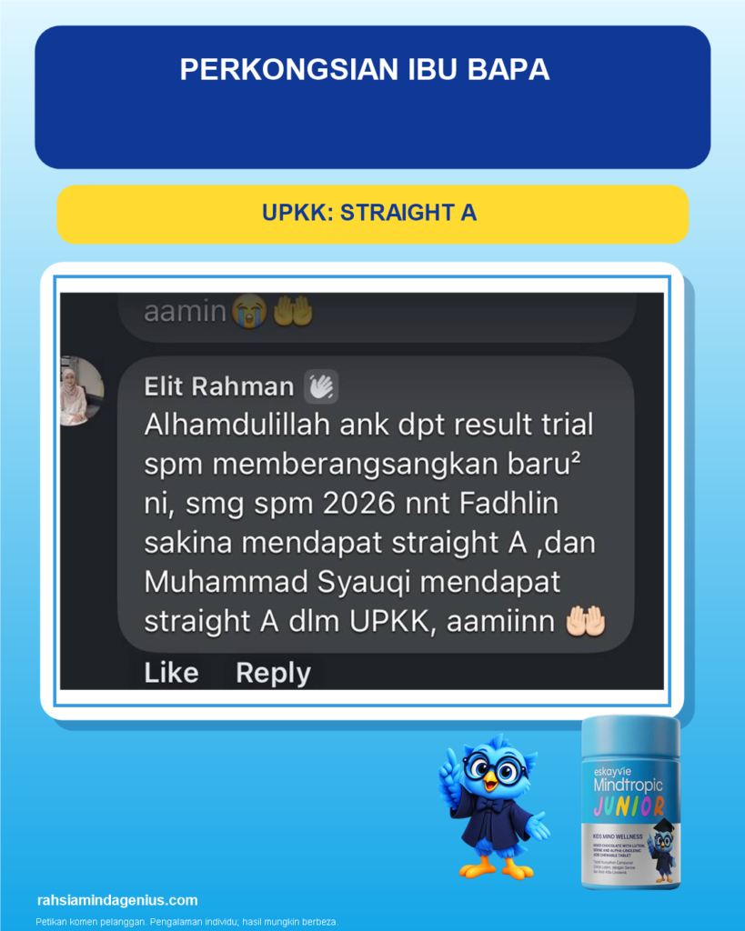 Testimoni pelanggan: UPKK Straight A selepas amalan Mindtropic Junior; paparan komen asal.