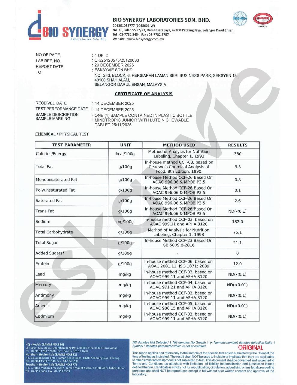 Certificate of Analysis Mindtropic Junior - page 1 of 2