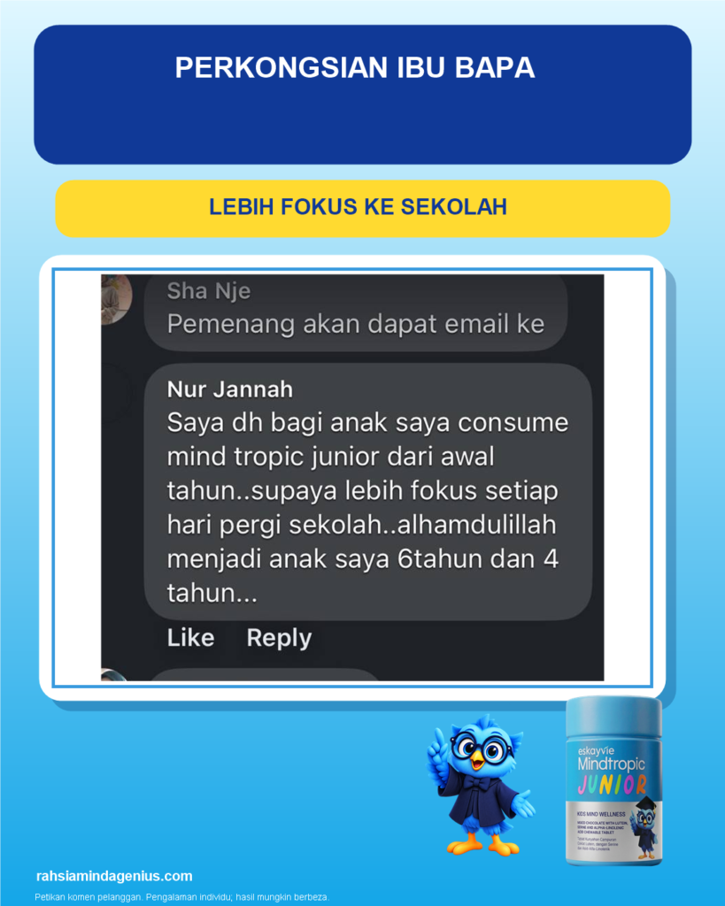 Testimoni ibu bapa J03 tentang perubahan fokus dan sikap anak terhadap pembelajaran; paparan komen asal.