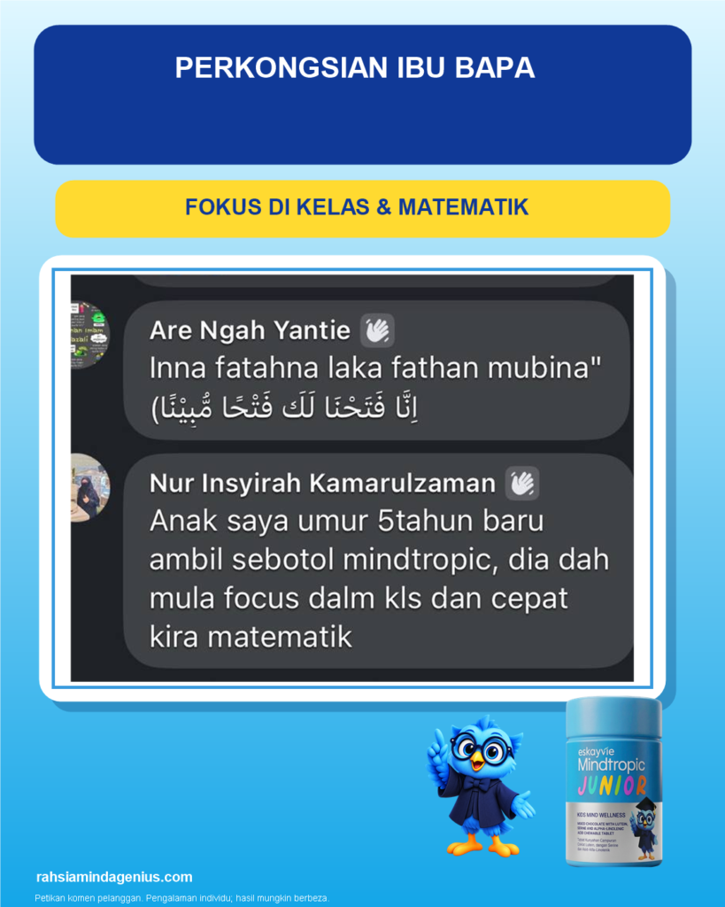Testimoni ibu bapa J04 tentang peningkatan fokus dan usaha belajar anak; paparan komen asal.