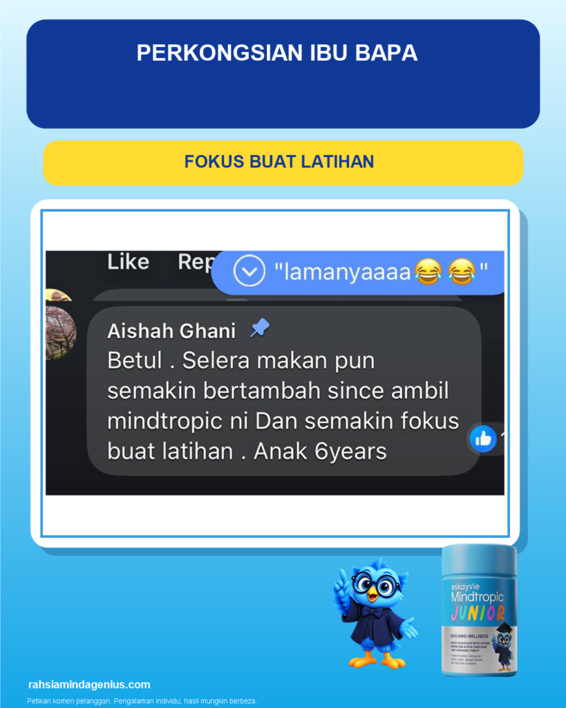 Testimoni ibu bapa J07 tentang fokus anak ketika membuat latihan; paparan komen asal.